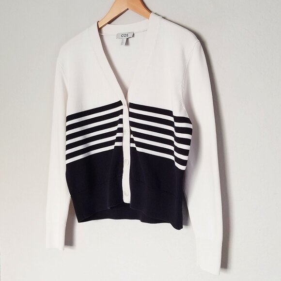 COS Striped Cardigan 100% Cotton V Neck Cream Black Relaxed Fit Size S Preppy - Picture 6 of 16